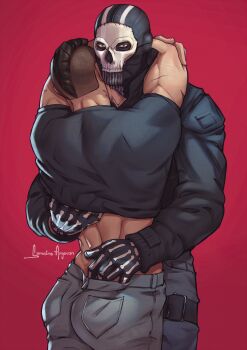 2boys artist_name bara black_gloves black_hair black_jacket black_pants black_shirt call_of_duty call_of_duty:_modern_warfare_2 clothes_lift couple ghost_(modern_warfare_2) gloves grey_pants highres hug jacket looking_at_viewer male_focus multiple_boys muscular muscular_male pants semainsargevan shirt shirt_lift short_hair soap_(modern_warfare_2) yaoi