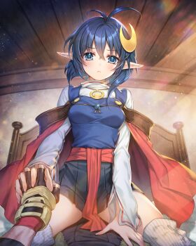 Rule 34 | 1boy, 1girl, ahoge, assertive female, bed, blue eyes, blue hair, blush, cape, claude c. kenny, closed mouth, commission, crescent, crescent hair ornament, girl on top, hair ornament, highres, holding hands, interlocked fingers, looking at viewer, munlu (wolupus), on bed, pointy ears, pov, red cape, rena lanford, sitting, sitting on person, skeb commission, skirt, star ocean, star ocean: the second story, straddling, thighhighs, thighs