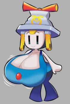 1girl absurdres alternate_breast_size_(larger) bare_shoulders blue_pants blue_shirt breasts cleavage closed_mouth connie_(mario) gigantic_breasts grey_background grey_hat hat highres mario_&amp;_luigi:brothership mario_&amp;_luigi_rpg mario_(series) motion_lines nintendo pants shirt simple_background sleeveless sleeves_past_wrists smile solo yelladrill