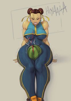 1girl absurdres asian blue_bodysuit bodysuit breasts brown_eyes brown_hair capcom chun-li clenched_teeth devilhs double_bun earrings food fruit grey_background hair_bun highres jewelry large_breasts simple_background sleeveless sleeveless_bodysuit solo sound_effects sphere_earrings street_fighter street_fighter_zero_(series) teeth watermelon watermelon_between_thighs