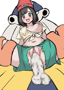 1girl absurdres black_hair censored clothing_aside cosplay gen_3_pokemon gen_7_pokemon grey_eyes hariyama held_up highres looking_down navel nintendo nipples nivi no_panties open_mouth penis pokemon pokemon_sm pokephilia pussy selene_(pokemon) sex short_hair smile spread_legs torn_clothes