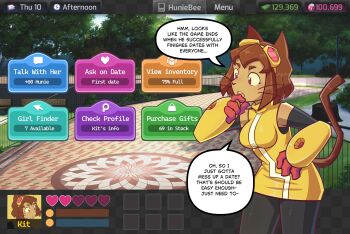 1girl affection_meter alt_text animal_ears black_pantyhose breasts brown_hair cat_ears cat_girl cat_tail commentary dark-skinned_female dark_skin dress english_commentary english_text furry furry_female gameoverse gameplay_mechanics gauntlets goggles goggles_on_head highres hunie_(series) huniepop inkyoh kit_bodega options pantyhose red_eyes second-party_source sleeveless speech_bubble tail tan toon_(style) user_interface video_game_dialogue_box visual_novel whiskers yellow_dress yellow_gauntlets