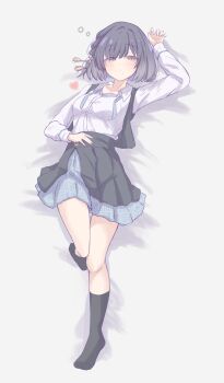 1girl black_hair black_socks blue_ribbon blush bob_cut closed_mouth collared_shirt gakuen_idolmaster grey_eyes grey_hair hataya_misuzu highres idolmaster looking_at_viewer ribbon school_uniform shirt skirt socks tofu_thunder white_background