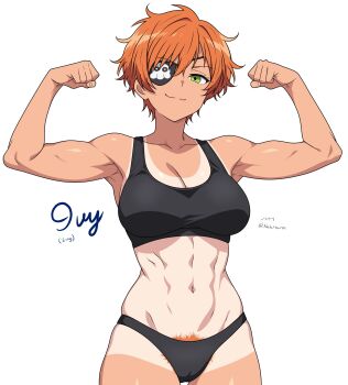 1girl :3 abs absurdres armpits arms_up artist_name black_panties black_sports_bra breasts cameltoe character_name clenched_hands commentary commission cowboy_shot double_biceps_pose english_commentary eyepatch female_pubic_hair flexing green_eyes highres ivy_(wafflemann115) large_breasts muscular muscular_female nalathorm navel orange_hair original panties pubic_hair pubic_hair_peek short_hair simple_background solo sports_bra tan tanline tomboy twitter_username underwear underwear_only white_background