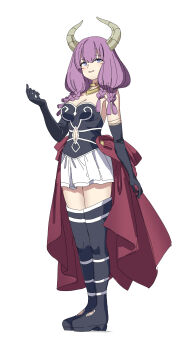 1girl absurdres aura_(sousou_no_frieren) bare_shoulders black_boots black_gloves black_shirt blue_eyes blush boots braid breasts cleavage clothing_cutout demon_girl demon_horns elbow_gloves full_body gloves gold_choker highres horns huanxiang_huifeng large_breasts long_hair multiple_braids navel navel_cutout parted_lips purple_hair shirt simple_background skirt smile solo sousou_no_frieren strapless strapless_shirt waist_cape white_background white_skirt