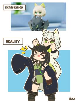 &gt;_&lt; 2girls :3 absurdres animal_ears arknights black_coat black_hair cat_ears cat_girl coat creature_and_personification dress expectation_vs._reality grabbing_another&#039;s_ear green_dress green_eyes green_hair hand_on_another&#039;s_ear highres kal&#039;tsit_(arknights) kuhl-notes mon3tr_(arknights) mon3tr_(summon)_(arknights) multiple_girls open_mouth oversized_clothes personification