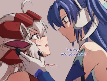 2girls ahoge bare_shoulders blue_eyes blue_hair blush bodysuit commentary english_commentary english_text eye_contact gloves grey_background grey_hair hair_between_eyes hand_on_another&#039;s_cheek hand_on_another&#039;s_face headgear highres kaiyamon_xv kazanari_tsubasa long_hair looking_at_another multiple_girls open_mouth parted_lips purple_eyes senki_zesshou_symphogear sketch upper_body very_long_hair yukine_chris yuri