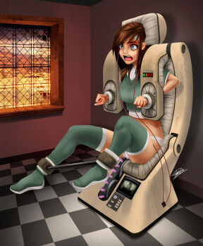 1girl artist_request bdsm bondage bound brown_hair crying electrodes female_focus forced_orgasm machine patient restrained sex_machine socks thighhighs