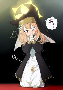 Rule 34 | 1girl, animal ear headwear, animal ears, armlet, bad id, bad pixiv id, black background, black coat, black headwear, blue archive, blue eyes, blush, coat, constricted pupils, dress, embarrassed, fake animal ears, female focus, flower, full body, gradient background, green necktie, habit, hair flower, hair ornament, halo, hands up, have to pee, interlocked fingers, japanese text, jewelry, kamamau (krkrpee), kneeling, long sleeves, looking down, mari (blue archive), necktie, nose blush, nun, on floor, open clothes, open coat, open mouth, own hands together, pee, peeing, peeing self, sailor collar, simple background, solo, speech bubble, tears, translation request, trembling, wet, wet clothes, white dress, white flower, white sailor collar, wide-eyed