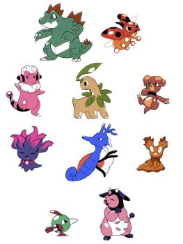 :d bayleef black_eyes bright_pupils claws closed_eyes feraligatr flaaffy gen_2_pokemon kingdra ledyba looking_back magby miltank misdreavus natu nintendo no_humans open_mouth pokemon pokemon_(creature) simple_background slugma smile standing tyako_089 white_background white_pupils