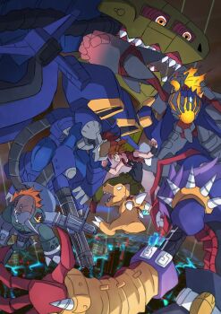 Rule 34 | agumon (digimon savers), angry, artist request, ban-tyo, banchogolemon, banchostingmon, brigadramon, brown hair, cargodramon, cyborg, d-brigade, daimon masaru (digimon savers), digimon, digimon savers, dinosaur, dragon, fighting, gatling gun, hi-commandramon, high ponytail, horns, jumping, multiple boys, orange hair, ponytail, purple hair, vest