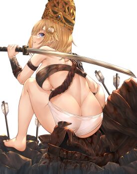 1girl absurdres arrow_(projectile) ass bad_id bad_twitter_id barefoot blonde_hair blue_eyes blush breasts butt_crack crown crucible_knight elden_ring feet fromsoftware hair_ornament highres holding hololive hololive_english honkivampy huge_ass large_breasts looking_at_viewer panties short_hair smile solo sword underwear virtual_youtuber watson_amelia weapon white_panties