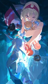 1girl absurdres blonde_hair blue_eyes bracelet commentary_request eevee eyelashes gen_1_pokemon gen_4_pokemon glaceon hair_between_eyes hairband highres ice irida_(pokemon) irple jewelry neck_ring nintendo pokemon pokemon_legends:_arceus red_hairband red_shirt shirt short_hair shorts smile snowflakes strapless strapless_shirt white_shorts