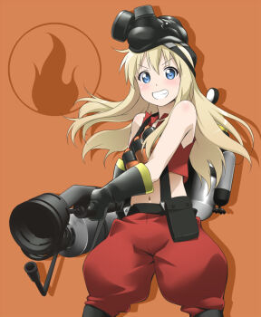 Rule 34 | 1girl, bare shoulders, black boots, blonde hair, blue eyes, blush, boots, cosplay, east-west crossover, explosive, female focus, flamethrower, gas mask, gas tank, gloves, grin, holding, holding flamethrower, holding weapon, long hair, mask, navel, pyro (tf2), red pyro (tf2), smile, solo, team fortress 2, the pyro (cosplay), toshinou kyouko, weapon, youkan, yuruyuri