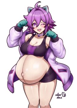 1girl ;d ahoge animal_ears artist_name big_belly blush breasts cat_ears choker cleavage commentary commission double-parted_bangs english_commentary fangs feet_out_of_frame gloves green_gloves hair_between_eyes hands_up highres jacket large_breasts long_sleeves looking_at_viewer mechanical_ears one_eye_closed open_clothes open_jacket open_mouth original outie_navel paw_pose pregnant puffy_long_sleeves puffy_sleeves purple_choker purple_eyes purple_hair purple_jacket purple_shorts purple_sports_bra rotomdocs shiny_skin short_hair short_shorts shorts signature simple_background smile solo sports_bra sportswear standing white_background