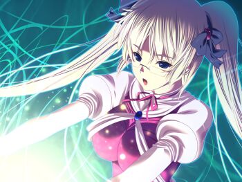 1girl blonde_hair bow breasts brooch casting_spell dress game_cg glasses hair_bow jewelry large_breasts long_hair m&amp;m_(mickey_and_mackey) magic magical_witch_concerto nathalia_effenberg open_mouth solo twintails upper_body