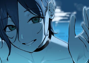 1girl black_choker blue_hair blue_theme chainsaw_man choker close-up commentary_request grin hair_behind_ear hair_between_eyes hand_up highres looking_at_viewer pool reze_(chainsaw_man) seramikku smile solo wet wet_hair