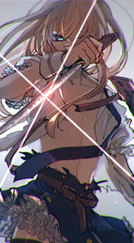 1boy arm_at_side armor belt black_thighhighs blue_eyes blue_skirt broken_armor brown_hair cowboy_shot crossdressing crossdressing_(mtf) frilled_sleeves frills glint grey_background hand_up japanese_armor long_hair looking_at_viewer male_focus mi_asupara26_k midare_toushirou one_eye_covered petticoat puffy_short_sleeves puffy_sleeves reverse_grip shirt short_sleeves short_sword shoulder_armor simple_background skirt sode solo sword tantou thighhighs torn_clothes torn_shirt touken_ranbu trap weapon