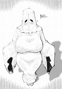 1girl absurdres blush breasts commentary dress embarrassed english_commentary from_above full_body ghost_costume greyscale halloween_costume hatching_(texture) highres large_breasts linear_hatching long_dress long_sleeves miregeist monochrome original sheet_ghost solo standing taut_clothes taut_dress white_background wide_sleeves