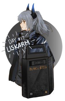 Rule 34 | 1girl, arknights, ballistic shield, black necktie, blue jacket, character name, commentary, cropped torso, dragon girl, dragon horns, english commentary, from side, grey hair, horns, jacket, liskarm (arknights), necktie, open clothes, open jacket, ponytail, shawl, shield, shirt, skyregalias, solo