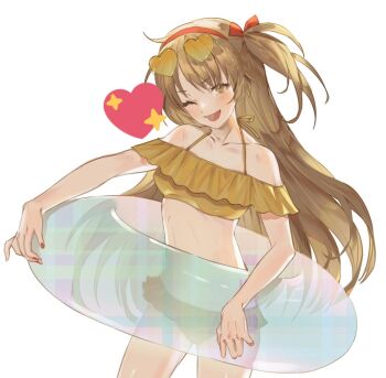 1girl bare_arms bare_hips bare_legs bare_shoulders bikini blush breasts brown_hair commentary_request covered_navel cowboy_shot headband heart highres korean_commentary library_of_ruina long_hair looking_at_viewer malkuth_(project_moon) nail_polish open_mouth project_moon small_breasts solo star_(symbol) stellaofastra swimsuit yellow_bikini