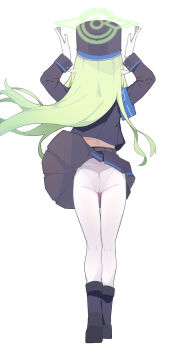 1girl absurdres armband ass black_boots black_hat black_jacket black_skirt blue_archive blue_armband boots facing_away floating_hair full_body gloves green_hair halo hat highres hikari_(blue_archive) jacket loli long_hair long_sleeves panties panties_under_pantyhose pantyhose pointy_ears s10021 simple_background skirt solo straight_hair underwear very_long_hair white_background white_gloves white_pantyhose wind