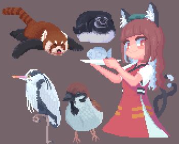 1girl :3 animal animal_ear_fluff animal_ears bird blunt_bangs blush breasts bright_pupils brown_eyes brown_hair cat_ears cat_tail chen cropped_torso dot_nose eyebrows_hidden_by_hair fish foul_detective_satori grey_background hands_up hat holding holding_animal holding_fish holding_plate k-kzk0221 long_hair looking_at_viewer looking_to_the_side medium_breasts mob_cap multiple_tails nekomata pixel_art plate red_tabard short_sleeves simple_background solo sparrow tabard tail touhou two_tails white_pupils x_x