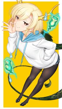 1girl alternate_costume antlers black_pantyhose blonde_hair blue_shorts brown_eyes denim denim_shorts dragon_girl dragon_horns dragon_tail full_body green_scales hataraki_kuma highres hood hoodie horns kicchou_yachie leaning_forward looking_at_viewer medium_hair otter_spirit_(touhou) pantyhose pantyhose_under_shorts shorts smile tail touhou turtle_shell white_hoodie yellow_background