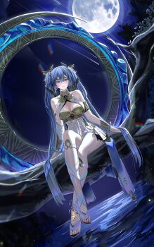 1girl absurdres ancient_greek_clothes armlet bare_shoulders blue_eyes blue_hair blush breasts cleavage closed_mouth commentary crossed_legs dutch_angle full_body full_moon gold_bra greco-roman_clothes highres iuno_(wuthering_waves) jewelry laurel_crown long_hair looking_at_viewer medium_breasts moon night night_sky on_branch outdoors sandals shiraitoart983 sitting sitting_on_branch sky smile solo tacet_mark_(wuthering_waves) thighs twintails vambraces very_long_hair wuthering_waves