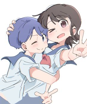 &gt;_o 2girls amakazari_eri black_hair blue_eyes blue_hair blue_sailor_collar blue_skirt blush city_(arawi_keiichi) closed_mouth commentary dot_nose hand_on_another&#039;s_head hand_on_another&#039;s_waist highres hug looking_at_viewer makabe_matsuri multiple_girls neckerchief one_eye_closed open_mouth pink_eyes red_neckerchief sailor_collar school_uniform serafuku short_hair simple_background skirt smile v very_short_hair white_background white_serafuku wichimi