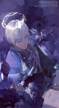1boy aiguillette andoain_(arknights) arknights black_flower black_robe blue_capelet book capelet chinese_commentary closed_eyes closed_mouth copyright_name floral_background flower grey_hair halo highres long_sleeves male_focus mrradon open_book parted_bangs robe short_hair solo upper_body white_halo