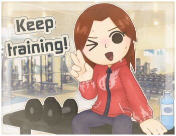 >_o 1girl ;d black_eyes black_pants blush bottle brown_hair chibi dumbbell english_text exercising gym hair_ornament hairclip hand_up highres hood hood_down hoodie jacket long_sleeves looking_at_viewer medium_hair mii_(nintendo) mii_gunner mii_gunner_(smash_4) nintendo one_eye_closed open_mouth pants parted_bangs red_hoodie red_jacket sitting smile solo sweat v water_bottle zorrpu