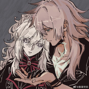 1boy 1girl dark-skinned_male dark_skin fate/grand_order fate_(series) gloves green_eyes grey_background grey_eyes grey_hair highres holding_hands husband_and_wife kriemhild_(fate) long_hair mole mole_under_eye ponytail shirt shunreiseiya siegfried_(fate) smile upper_body watermark weibo_watermark