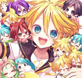 >_< 6+boys 6+girls :3 :d animal_ears bass_clef black_sailor_collar blonde_hair blue_eyes blue_hair blush brown_eyes brown_hair character_request chibi closed_eyes closed_mouth commentary_request double-parted_bangs green_hair gumi hair_between_eyes hatsune_miku headset highres kagamine_len kaho_0102 kamui_gakupo long_hair looking_at_viewer mini_person miniboy minigirl multiple_boys multiple_girls multiple_persona necktie open_mouth purple_hair red_hair sailor_collar shirt short_hair short_sleeves smile twintails vocaloid white_shirt x3 yellow_necktie