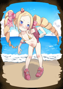 1girl absurdres alternate_costume averting_eyes backpack bag bare_arms bare_legs bare_shoulders beach beatrice_(re:zero) bikini blonde_hair blue_eyes blush clenched_teeth crown day drill_hair female_focus flat_chest flying_sweatdrops forehead full_body gold_bikini hair_ribbon highres horizon irregular_border leaning_forward loli long_hair looking_afar looking_to_the_side micro_bikini mini_crown navel ocean outdoors randoseru re:zero_kara_hajimeru_isekai_seikatsu red_bag red_shoes ribbon shoes sky sneakers solo stomach swimsuit teeth thighs turning_head twin_drills v-shaped_eyebrows variant_set water yappariga