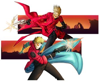 Rule 34 | 2boys, absurdres, blonde hair, coat, commentary, dual persona, earrings, ekajpalm, english commentary, firing, gun, handgun, highres, jewelry, long coat, male focus, mole, mole under eye, multiple boys, orange-tinted eyewear, prosthesis, prosthetic arm, red coat, revolver, round eyewear, single earring, tinted eyewear, trigun, trigun stampede, undercut, vash the stampede, weapon