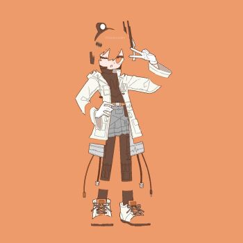 1girl a.i._voice adachi_rei black_pantyhose black_shirt blending cable coat full_body hand_on_own_hip hand_up highres kurusuke_(kurumi) looking_at_viewer one_eye_closed open_clothes open_coat orange_background orange_eyes orange_hair pantyhose shirt shoes solo standing utau v white_coat white_shoes