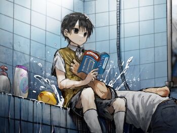 2boys asphyxiation bath bathroom black_eyes black_hair blurry blurry_background book closed_mouth clothes_grab collared_shirt denim drowning duck_innertube expressionless feet_out_of_frame grey_shorts highres holding holding_book indoors innertube jeans multiple_boys open_book original pants reading shampoo_bottle shirt short_sleeves shorts sitting soap_bottle socks solo_focus splashing sweater_vest swim_ring tile_wall tiles unholymilk water waterboarding wet white_shirt white_socks yellow_sweater_vest