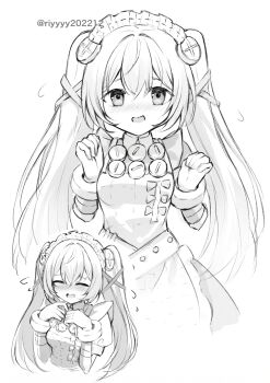 Rule 34 | 1girl, apron, breasts, closed eyes, commentary, corin wickes, cuffs, flying sweatdrops, hair between eyes, hands up, highres, long hair, looking at viewer, maid, maid apron, maid headdress, monochrome, multiple views, open mouth, puffy short sleeves, puffy sleeves, rise (riyyy202212), screw hair ornament, short sleeves, simple background, smile, twintails, zenless zone zero