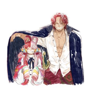 1boy 1girl amputee choko_egg closed_eyes dress facial_hair father_and_daughter full_body grin hair_over_eyes hair_rings happy headphones highres hug jacket long_hair looking_at_viewer multicolored_hair muscular one_piece open_clothes open_jacket open_mouth open_shirt pectorals red_hair scar scar_across_eye scar_on_face shanks_(one_piece) shirt short_hair size_difference smile split-color_hair sweat tears teeth two-tone_hair uta_(one_piece) very_long_hair white_dress white_hair white_shirt