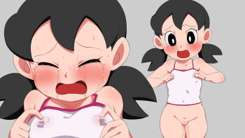 1girl bar_censor black_eyes black_hair blush bottomless censored closed_eyes covered_erect_nipples crying crying_with_eyes_open doraemon female_focus female_masturbation flat_chest loli masturbation matching_hair/eyes minamoto_shizuka nipple_stimulation nipple_tweak nipples open_mouth pussy pussy_juice rom_(20) shirt solo source_request tagme tank_top tears twintails white_shirt