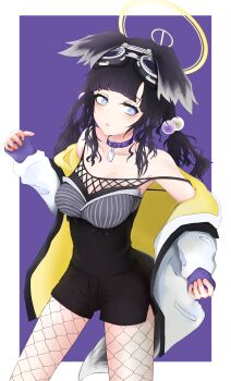 Rule 34 | 1girl, absurdres, animal ears, black hair, blue archive, blue eyes, dog ears, dog girl, dog tail, engineering department (blue archive), funcle, goggles, goggles on head, halo, hibiki (blue archive), highres, solo, tail, yellow halo