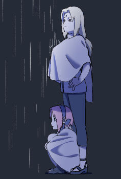 2girls blonde_hair blue_hairband breasts ebata_kyouhei facial_mark forehead_mark forehead_protector frown hairband hand_on_own_hip haruno_sakura highres huge_breasts hugging_own_legs multiple_girls naruto_(classic) naruto_(series) open-toe_shoes pink_hair ponytail rain sandals shade short_hair sitting tsunade_(naruto)