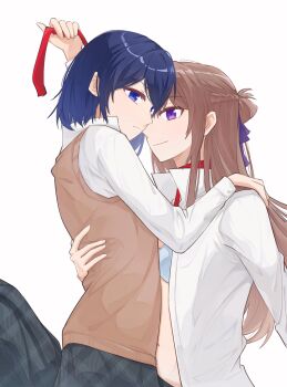 Rule 34 | 2girls, blue bra, blue eyes, blue hair, blue ribbon, bra, braid, brown hair, brown sweater vest, closed mouth, commentary, dated commentary, dress shirt, hair ribbon, half up braid, highres, holding, holding leash, leash, long hair, mim120809, miyagi shiori, multiple girls, open clothes, open shirt, purple eyes, ribbon, sendai hazuki, shirt, short hair, shuuniichido classmate wo kau hanashi, sidelocks, sweater vest, underwear, white shirt, yuri