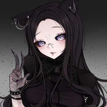 1girl absurdres animal_ear_piercing animal_ears artist_name black_dress black_hair black_nails black_sclera breasts cat_ears cat_girl closed_mouth colored_sclera commentary dress english_commentary fingernails forehead gloves gradient_background grey_background grey_gloves hand_up highres large_breasts long_fingernails long_hair looking_at_viewer original parted_hair purple_eyes rosheil smile solo taut_clothes taut_dress upper_body w