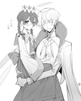 1boy 1girl black_hair blush braid carrying crown fairy fairy_wings glasses greyscale halo highres kanata_(camaieu_k) kirby_(series) kirby_64 low_twin_braids monochrome nintendo personification ripple_star_queen simple_background twin_braids white_background white_hair wings zero_two_(kirby)