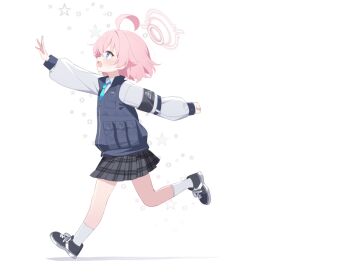 Rule 34 | 1girl, ahoge, alternate hair length, alternate hairstyle, black shoes, black skirt, blue archive, blue eyes, blue necktie, blue vest, collared shirt, commentary, deyui, full body, halo, hoshino (blue archive), necktie, open mouth, outstretched arm, pink hair, pink halo, plaid clothes, plaid skirt, pleated skirt, shirt, shoes, short hair, simple background, skirt, sneakers, socks, solo, standing, standing on one leg, star (symbol), symbol-only commentary, transparent background, vest, white shirt, white socks