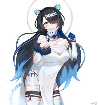 1girl absurdres animal_ears black_hair blue_eyes blue_hair blush breasts collarbone covered_navel dress erina_makina fangs gradient_hair highres holyyyys long_hair mechanical_arms mouth_hold multicolored_hair phase_connect see-through_cleavage see-through_clothes see-through_sleeves single_mechanical_arm solo streaked_hair tail thighhighs tiger_ears tiger_girl tiger_tail twitter_username virtual_youtuber white_dress white_thighhighs