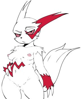 1girl absurdres animal_ears animal_hands animal_nose arm_at_side black_eyes body_fur breasts breasts_apart claws cleft_of_venus collarbone colored_sclera completely_nude cowboy_shot female_focus fir3born flat_color furry furry_female gen_3_pokemon gluteal_fold groin half-closed_eyes hand_on_own_hip highres looking_at_viewer navel nintendo nipples nude parted_lips personification pokemon pokemon_(creature) raised_eyebrow red_fur red_sclera simple_background small_breasts solo standing stomach tail thick_thighs thighs two-tone_fur uncensored white_background white_fur wide_hips zangoose