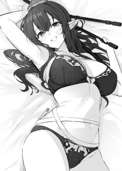 1girl :d absurdres alternate_costume armpits arms_up blush bow bow_bra bow_panties bra breasts cleavage commentary_request cowboy_shot greyscale grin hat highres holding holding_tripod iizunamaru_megumu large_breasts long_hair looking_at_viewer lying meimei_(meimei89008309) monochrome navel on_back open_mouth panties pointy_ears smile solo test_tube tokin_hat touhou tripod twitter_username underwear underwear_only